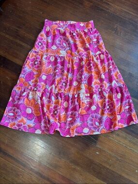 Ninety Clothing Co. Floral Tiered Midi Skirt in Pink and Orange Medium NWT